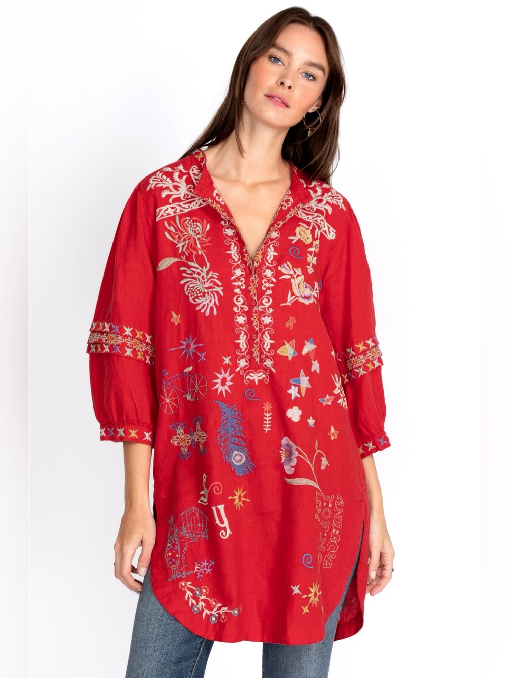 Johnny Was Biya Azusa Embroidered Linen Tunic Strawberry Red Size M